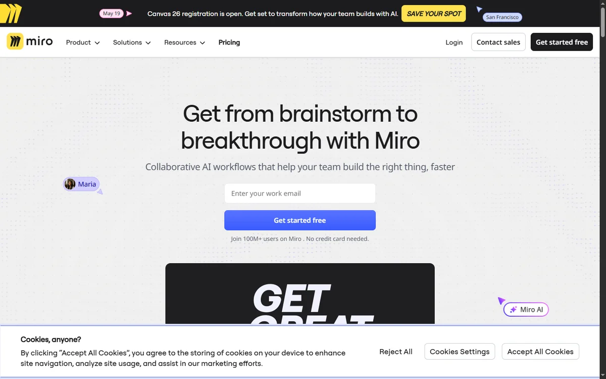 Miro homepage showcasing visual workspace for brainstorming and agile ceremonies