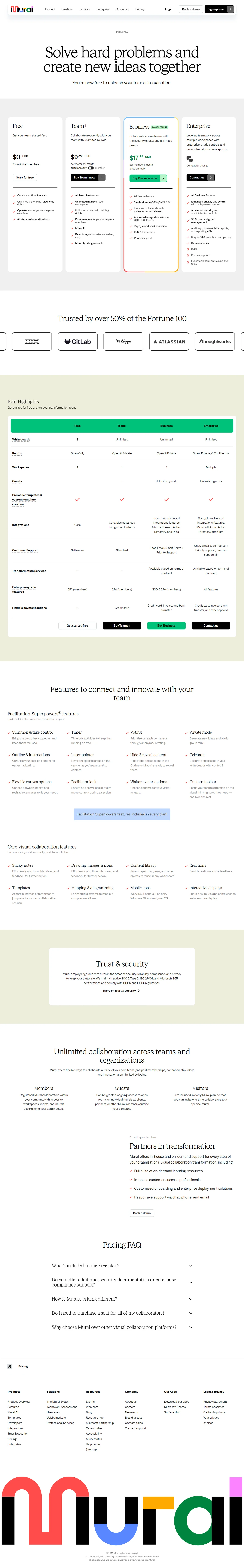 Mural pricing plans showing Team+ and Business tier options