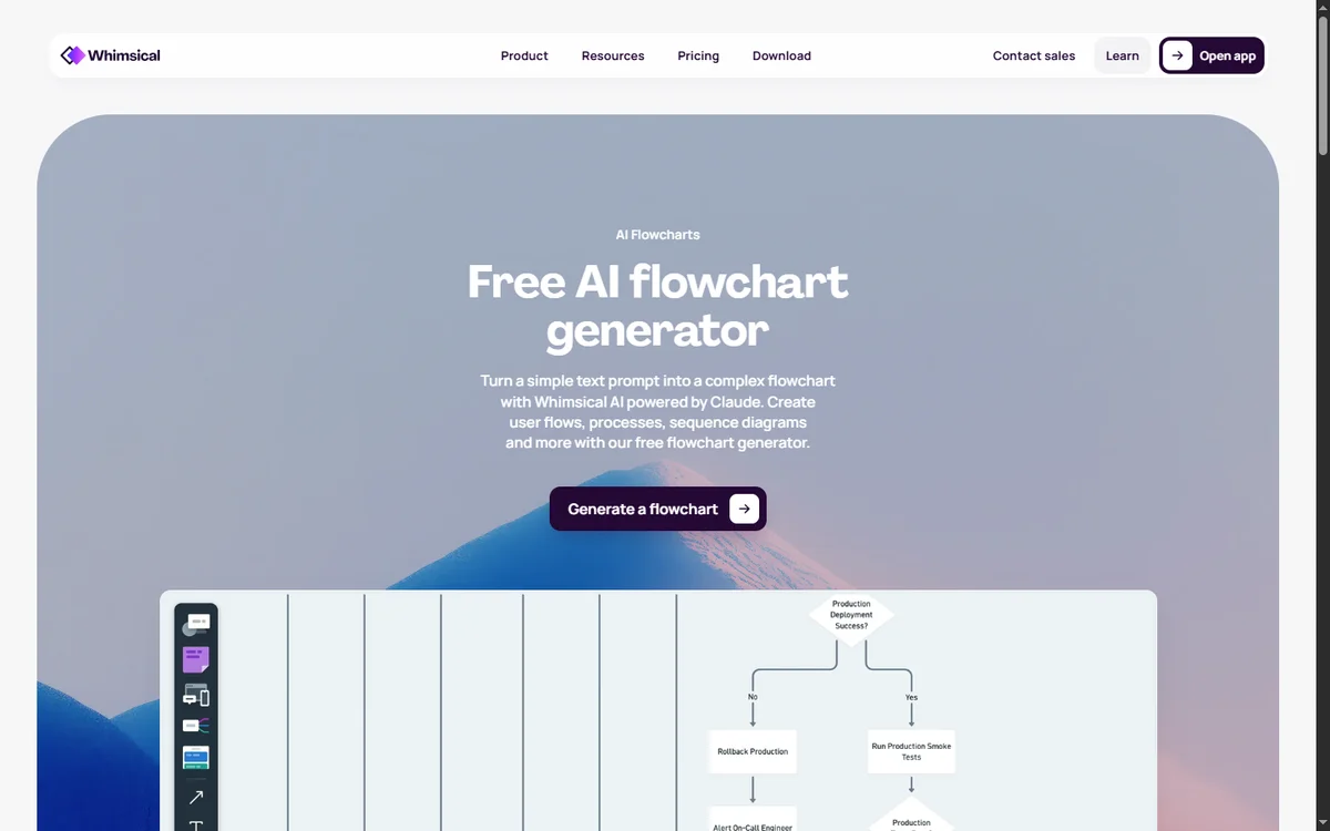 Whimsical AI flowchart landing page showing AI-generated diagram output with nodes, edges and decision branches