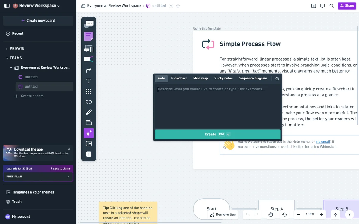 Whimsical AI flowchart generation prompt input interface with Flowchart tab selected