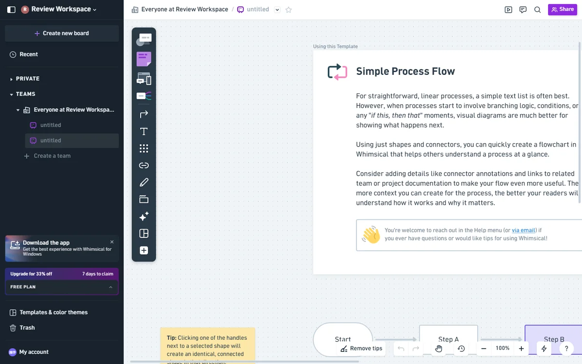 Whimsical AI collaboration share panel with workspace editor permissions and public access controls