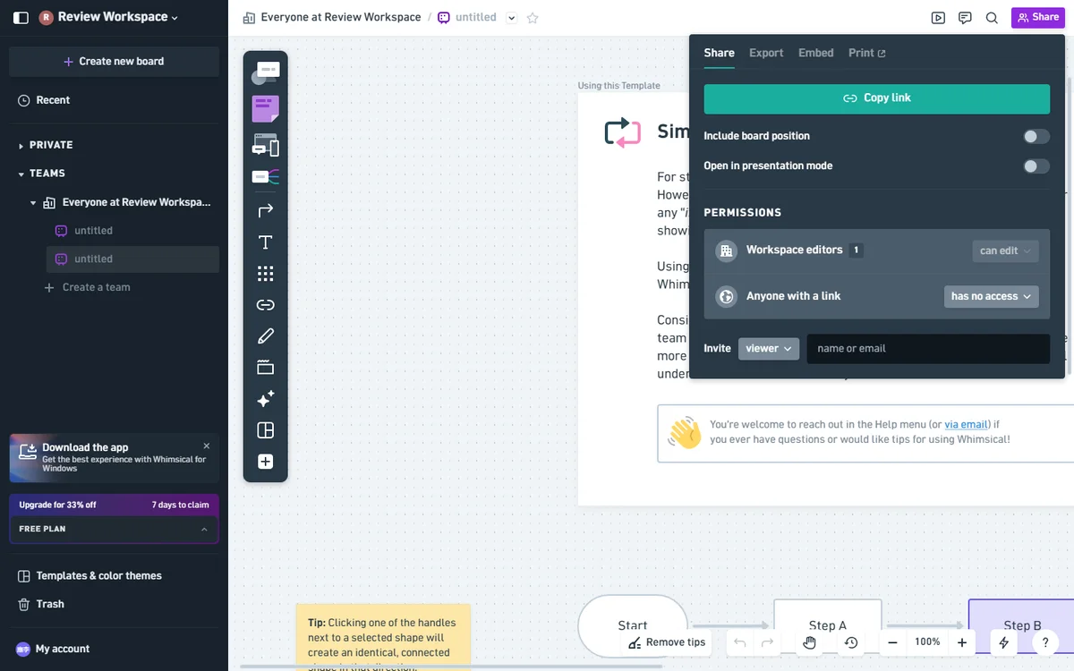 Whimsical AI export options menu showing PNG, PDF, SVG, Markdown and print formats