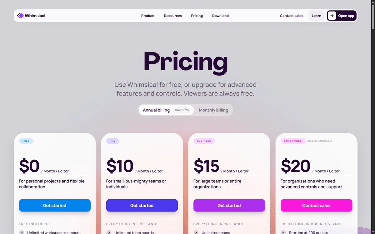 Whimsical AI pricing plans comparison 2026 showing Free, Pro, Business and Enterprise tiers