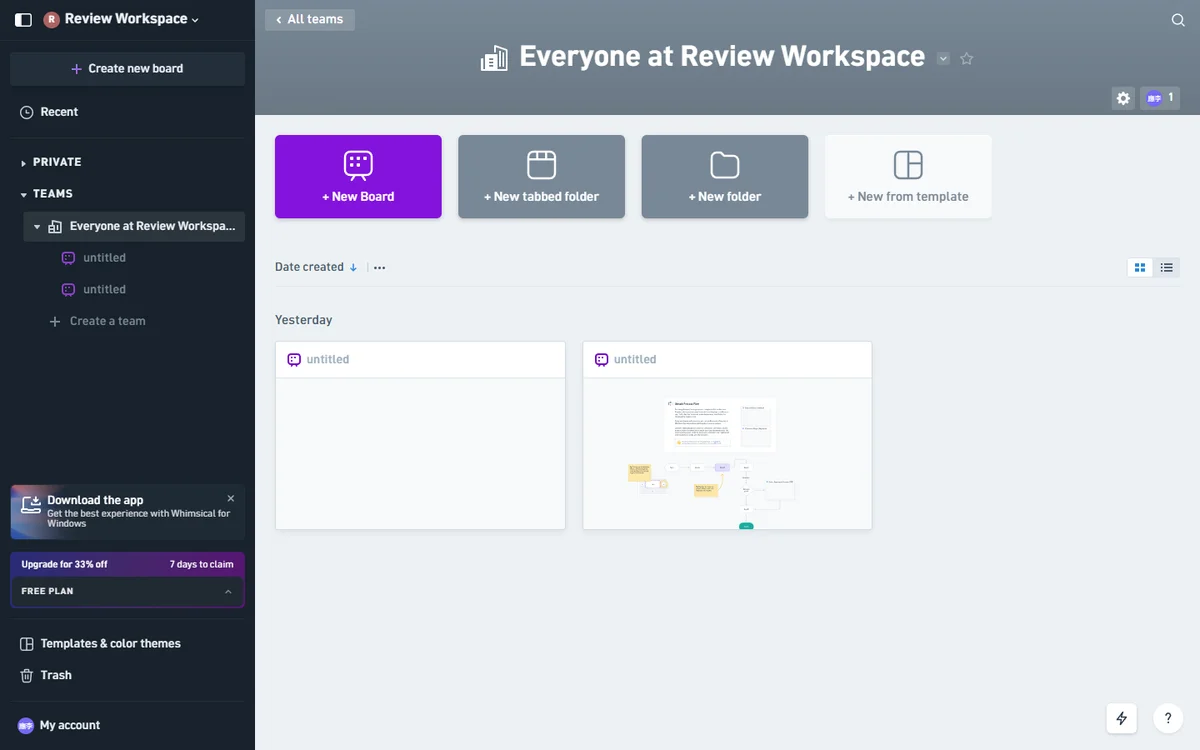 Whimsical AI workspace dashboard showing projects, boards, and team collaboration interface
